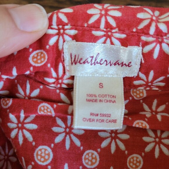 Weathervane Red Retro 100% Cotton Floral Button Front Blouse Shirt Cap Sleeve - Picture 2 of 6